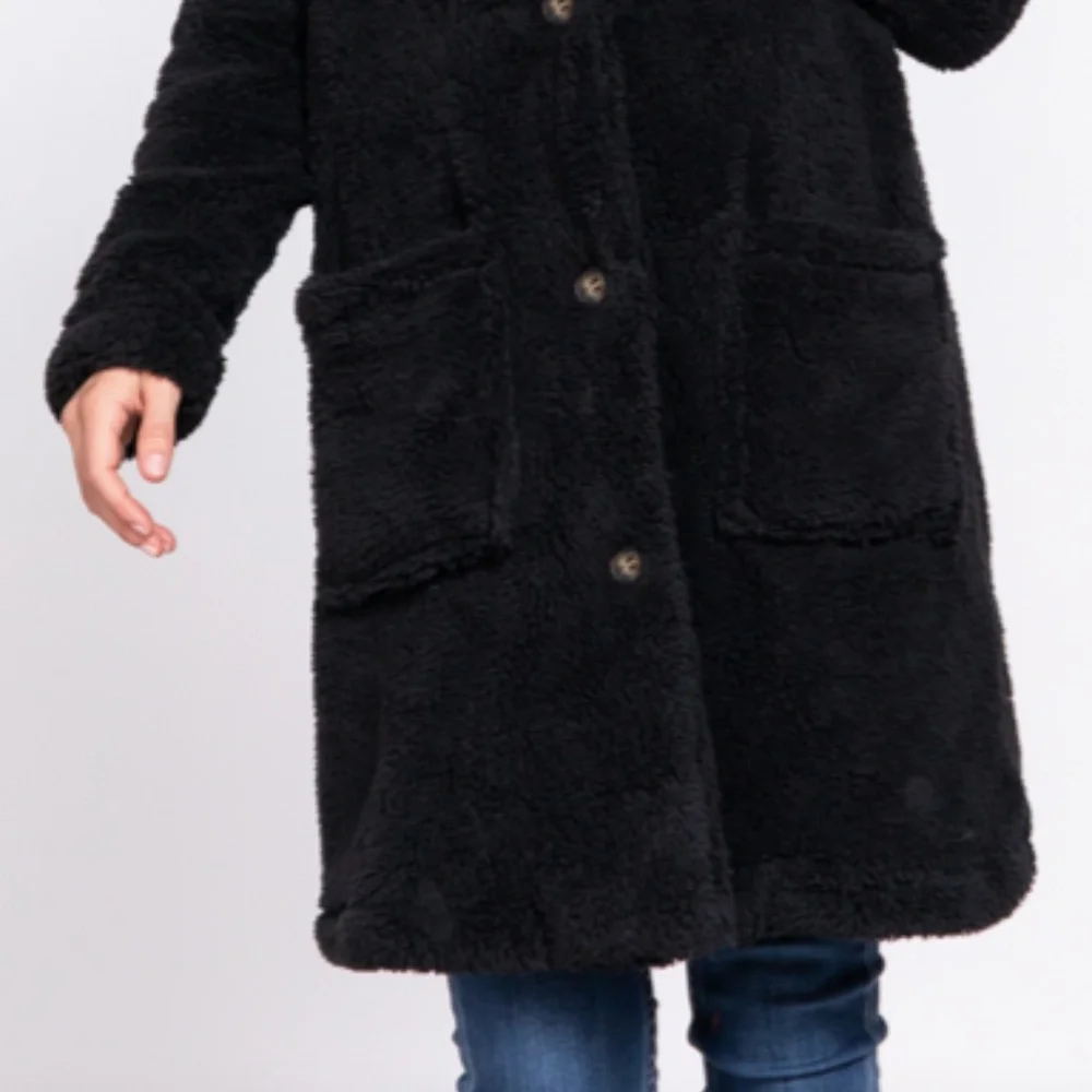 NEW Soft Faux Fur Notched Collar Patch Pocket Sherpa Coat- Button Front- S-M-L - Picture 7 of 9